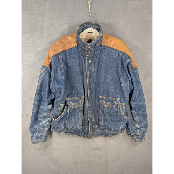 Vtg American Male Men's Denim Jean Jacket Sherpa Lined Leather Large Distressed - Picture 1 of 16